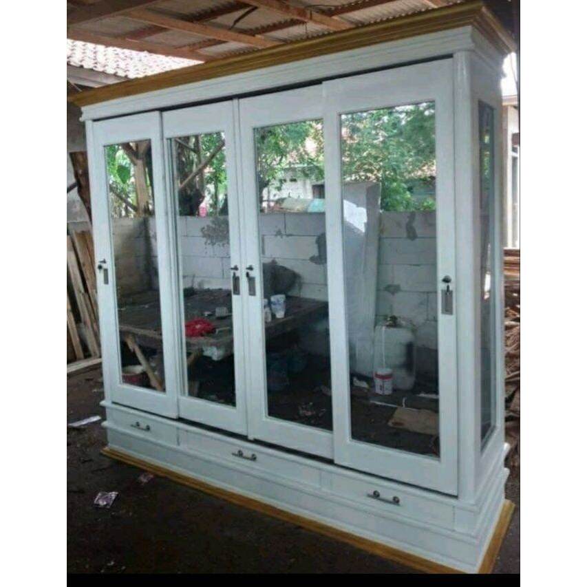 lemari gantung atau untuk gamis 4 pintu rel full kayu jati asli