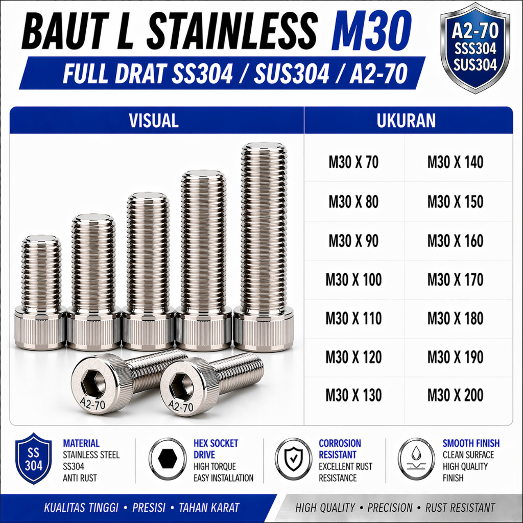 Baut L Stainless M30X150 / 30X150 / M30 X 150 / 30 X 150 Full Drat SS304 / SUS304 / A2-70