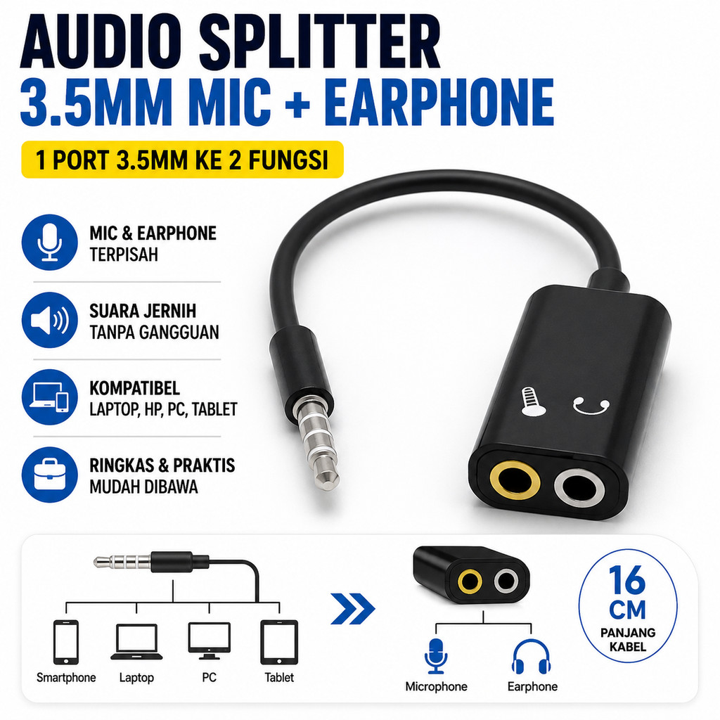 Audio Splitter 35mm Male To Dual Female Kabel Cabang Colokan Earphone Mic Headset Laptop Smartphone 