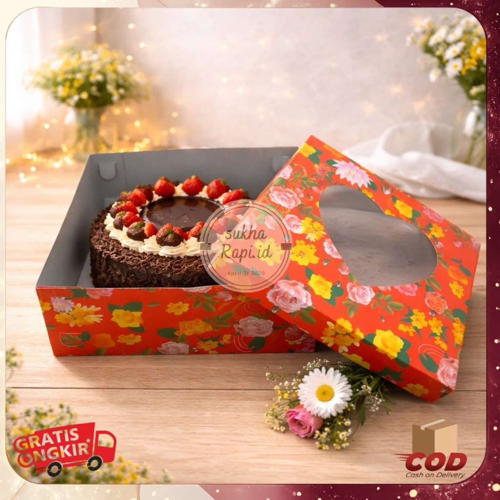 Dos Tart Hati Cetak Motif Mawar Tutup Mika Pisah Box Kue Roti Cake Pudding Hampers Duplex Coated