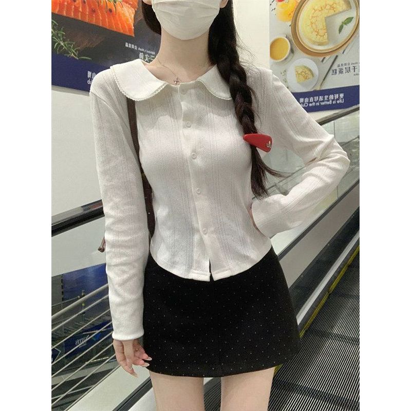 Prettiz Atasan wanita Boneka kerah hollow memakai kaos lengan panjang 2026 slim top