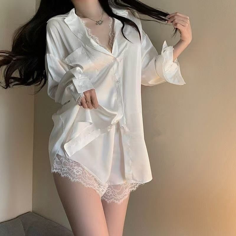 Baju Tidur Kemeja Piyama Set Kemeja Celana Pendek Renda Lace Lengan Panjang Sexy Baju Rumah Mimon Ho