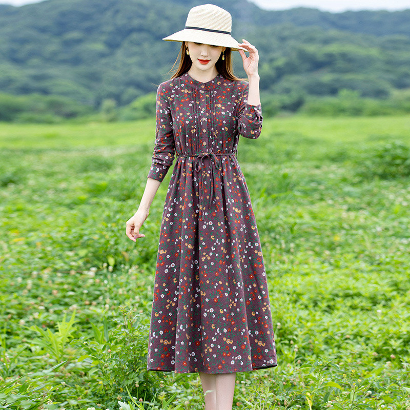 Autumn Long Sleeve Floral Cotton Linen Dress for Women New Spring Elegant Waist Slimming Vintage A-l