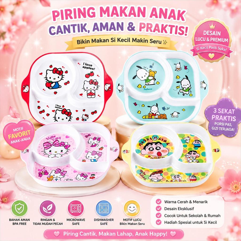 Piring Makan Anak Melamin Sekat Alat Makan Melamin Kuromi Melody Frozen Hello Kitty Spiderman PM005