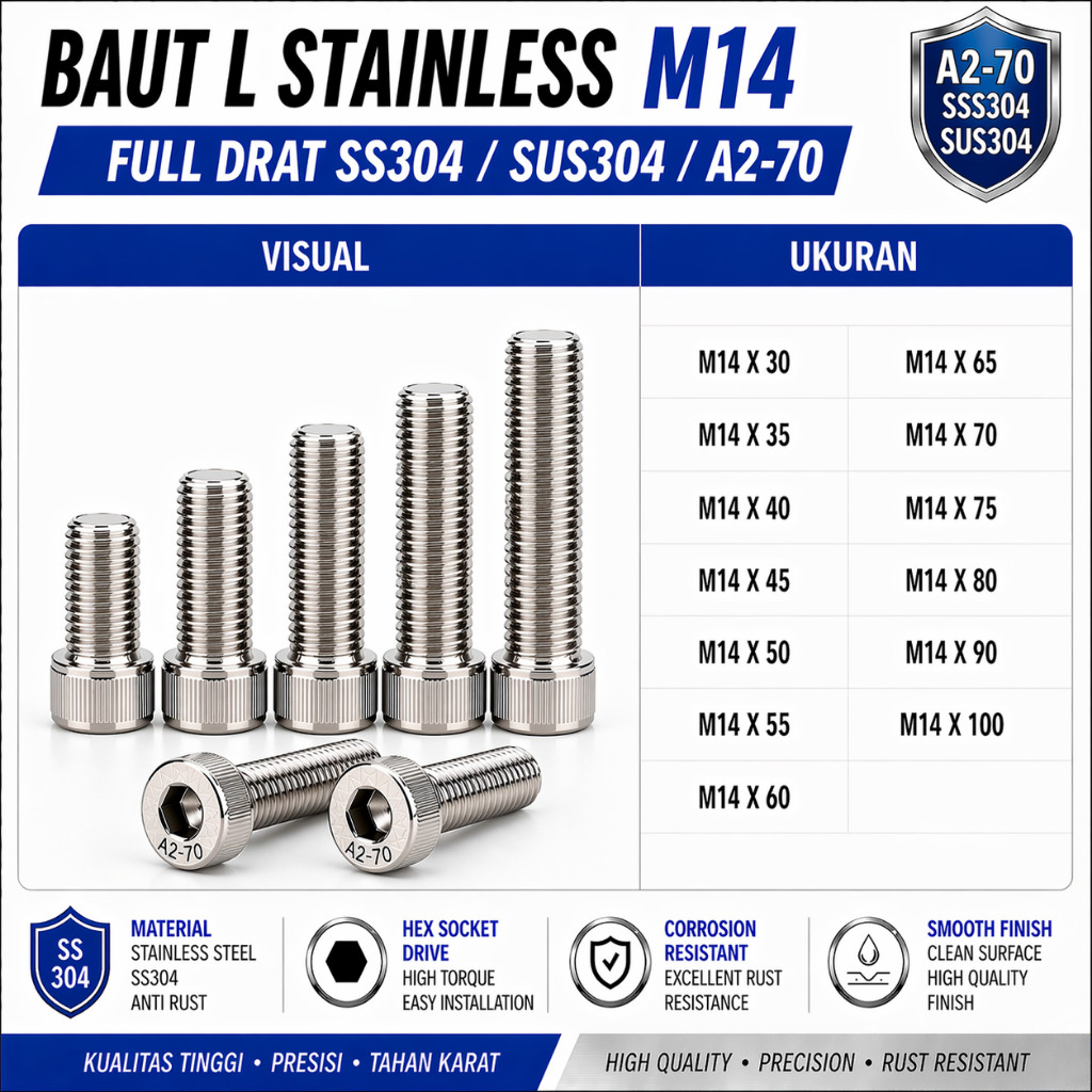 Baut L Stainless M14X60 / 14X60 / M14 X 60 / 14 X 60 Full Drat SS304 / SUS304 / A2-70