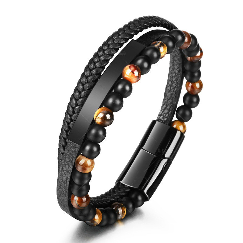 Gelang Batu Alam Mata Harimau, Gelang Anyaman Tali Kulit, Gelang Kulit Sapi Hitam Multi-lapis untuk 