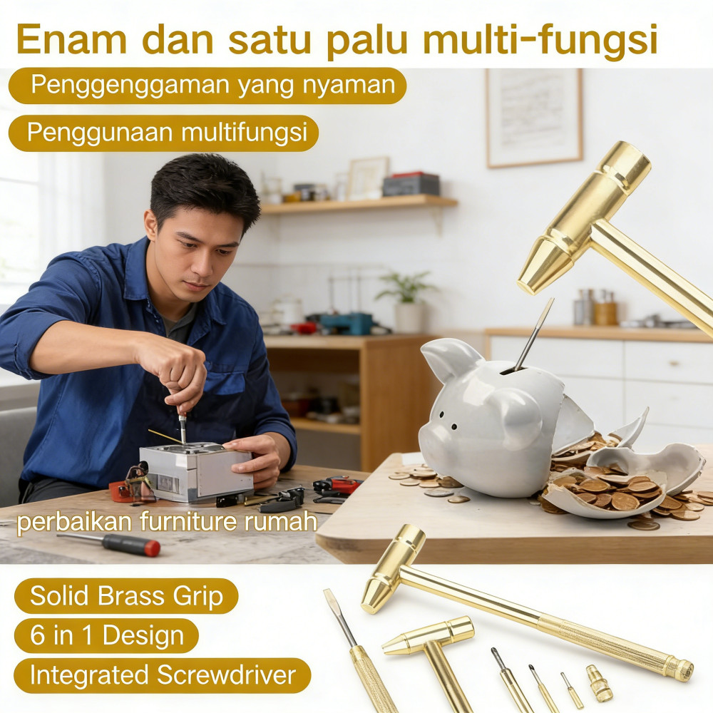 Pegangan tembaga solid Palu bulat kecil obeng kecil dengan Palu rumah tangga mini multifungsi berlap