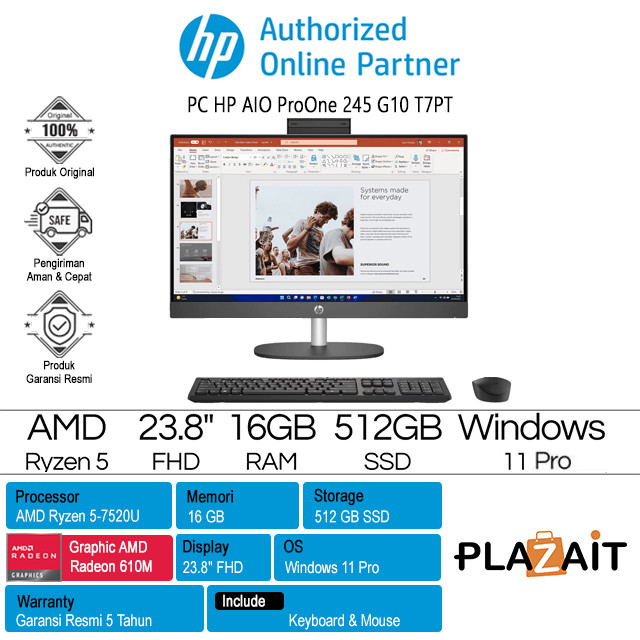 HP PC AIO ProOne 245 G10 T7PT /AMD Ryzen 5-7520U/16GB/512GB SSD/AMD Radeon Graphics/23.8 FHD/Win 11 