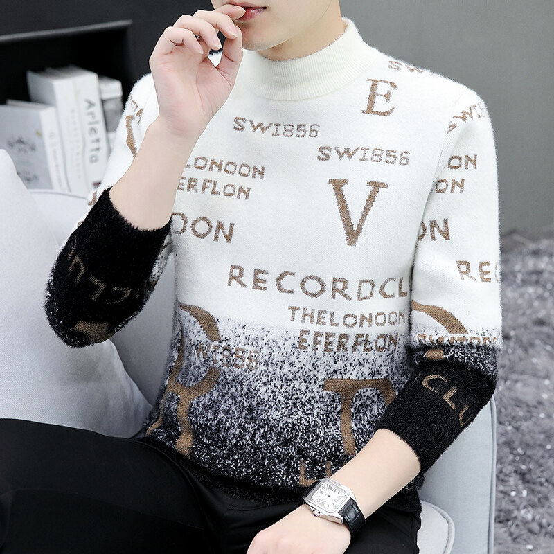 Kerah tinggi pria warna gradien tebal setengah kerah tinggi sweater hangat