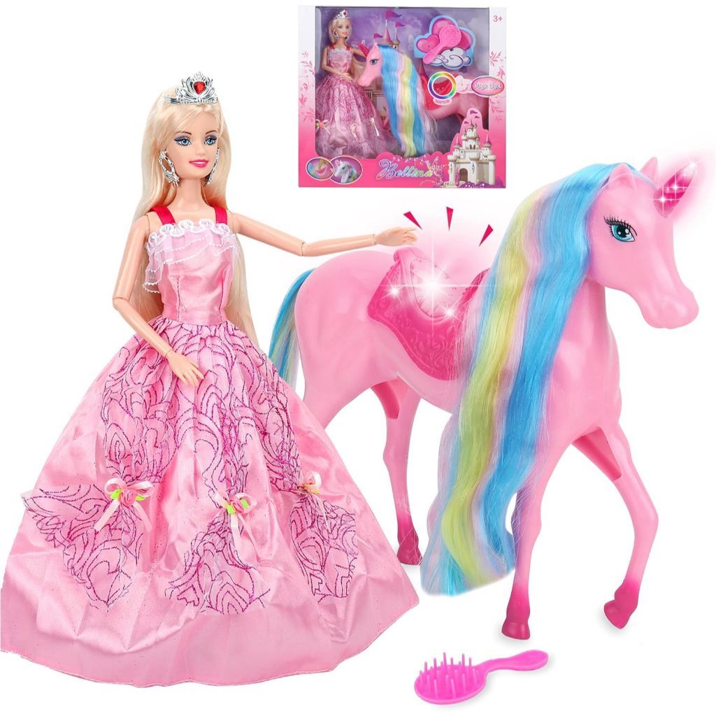 BETTINA Magical Light Unicorn Princess Dolls Set, Unicorn Toys for Girls, Horse Toy