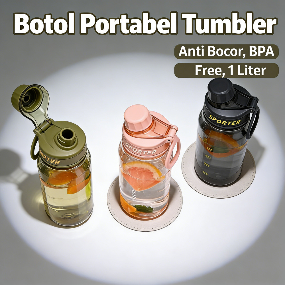 Botol Olahraga Aesthetic BPA Free Anti Bocor Minum Pria Wanita Portabel Tumbler 1 Liter