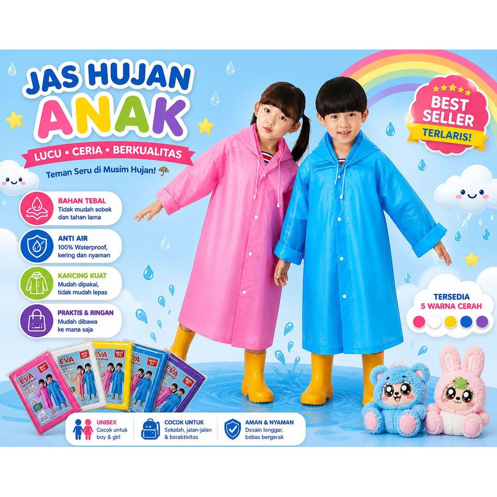 SACA Jas Hujan Anak Model Poncho Waterproof Bahan EVA Tebal / Jas Hujan Mantel Korea + Hoodie Semi T