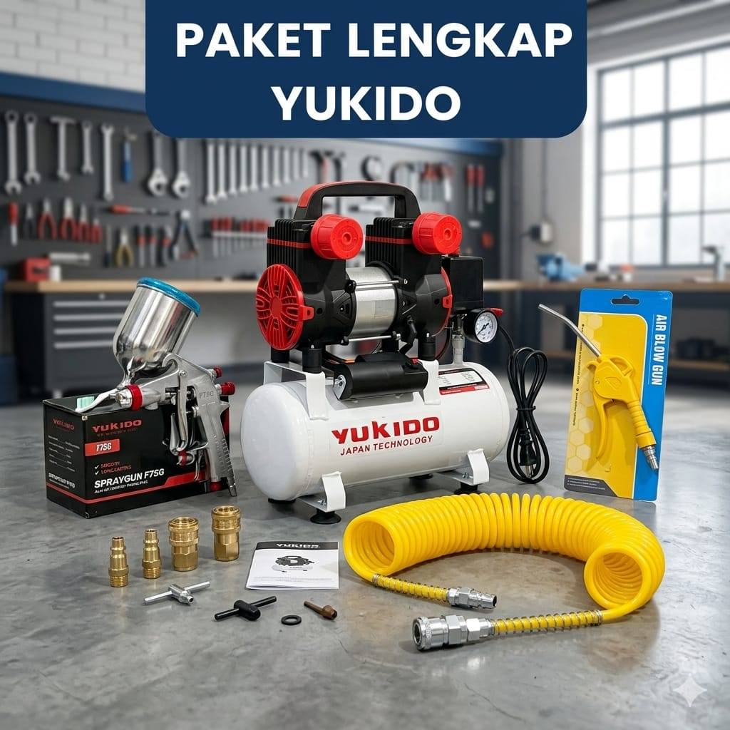 PAKET TUKANG CAT 5 ITEM YUKIDO KOMPRESOR 10 LITER Mesin Kompresor Listrik Dengan selang recoil 6mete