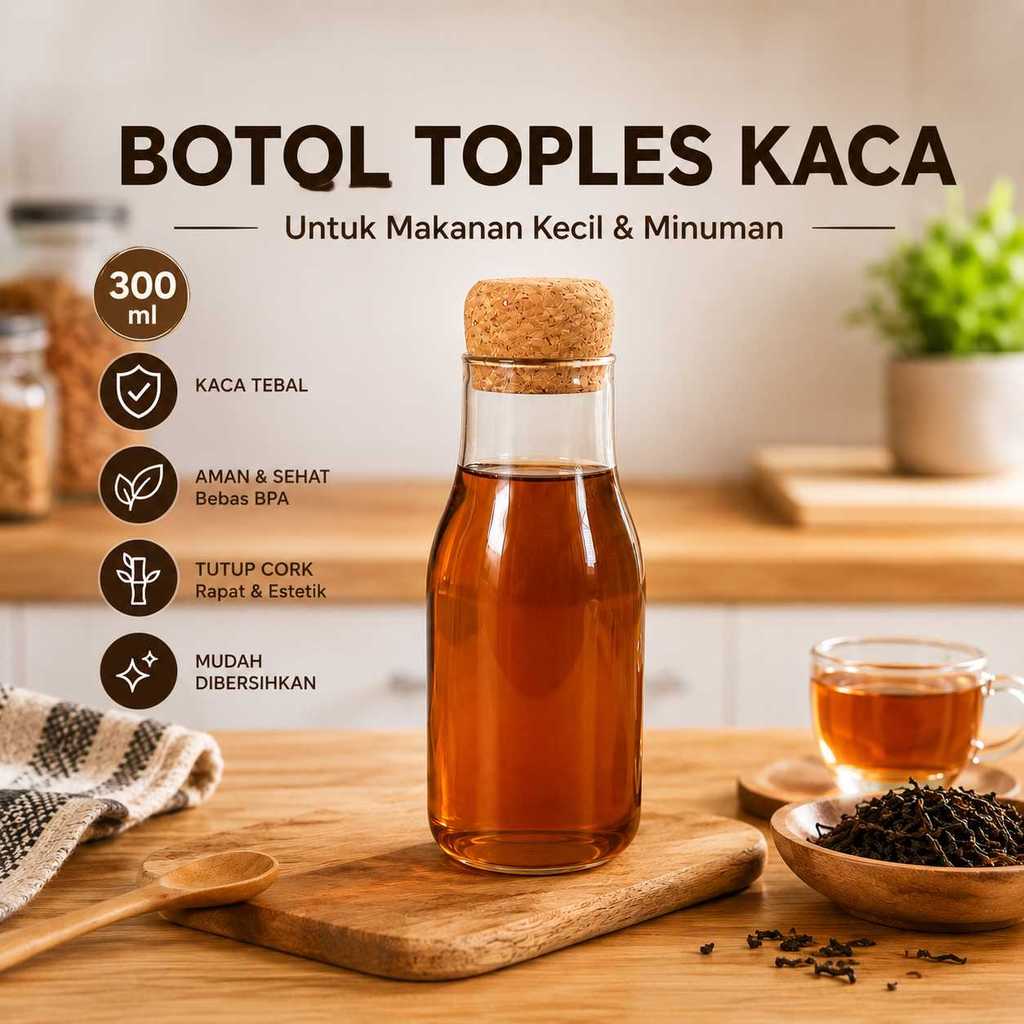 Huffa Botol Toples Kaca Cork Seal 300ml Tutup Gabus Tempat Teh Kopi Minuman Jus Sirup Makanan Kecil 