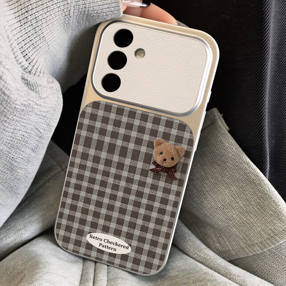 Beruang Berkotak-kotak Kulit Case Hp Untuk IPhone 11 12 13 14 15 16 17 Pro Max Case Lucu Cantik Beni