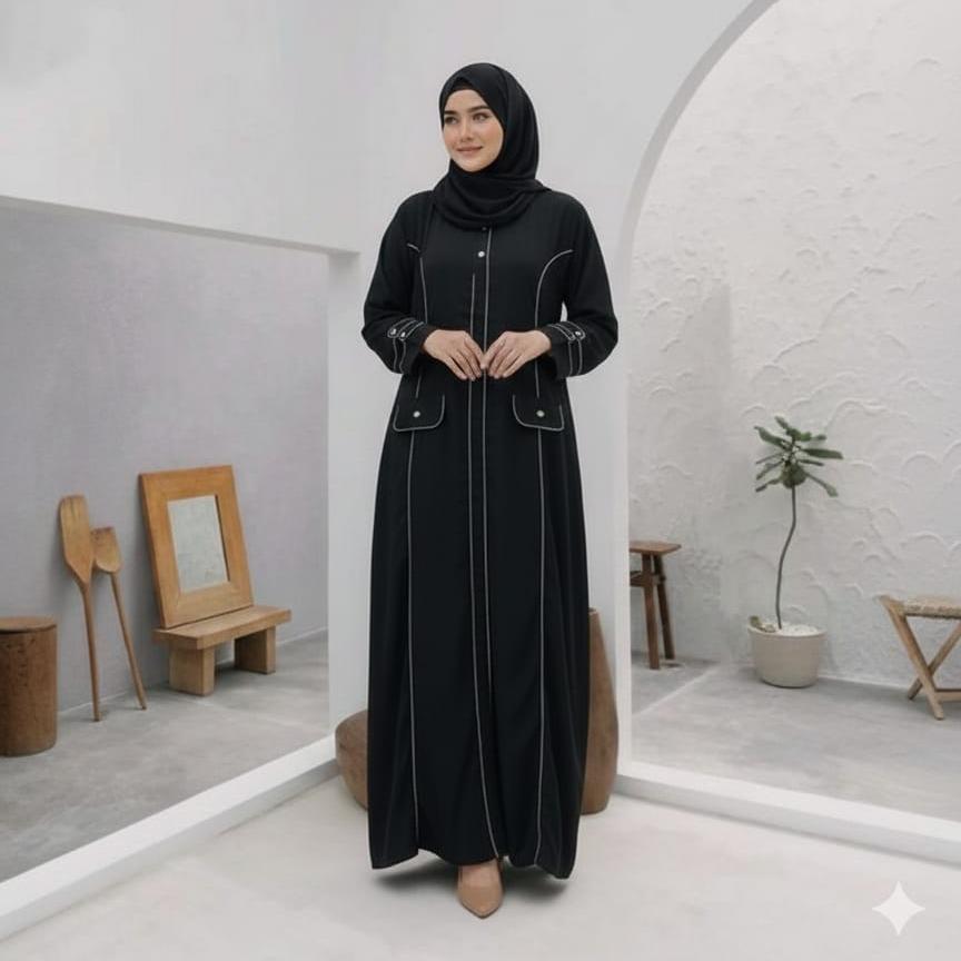 Abaya Fatimah Bahan Sabrina Anti UV List Elegan Mewah Lengan Kancing Gamis Dress Syari Modern untuk 