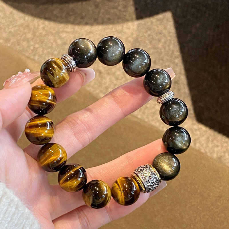 Gelang Batu Mata Harimau Alami Gelang Kristal Obsidian Emas untuk Pria