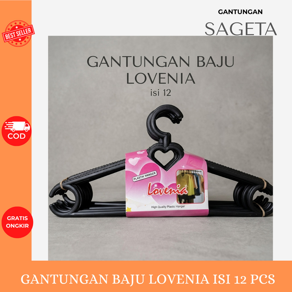 GANTUNGAN BAJU LOVENIA (12 PCS) - HANGER PLASTIK HITAM - HANGER ROTAN TEBAL