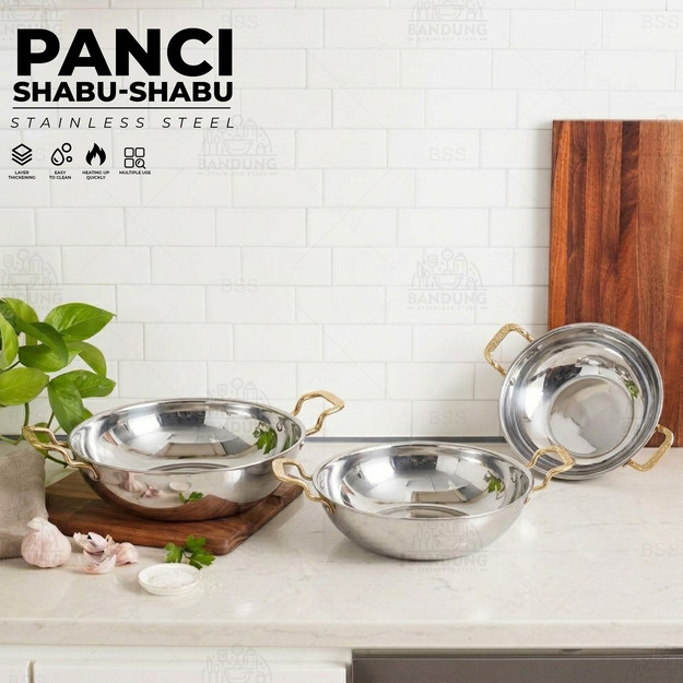 Panci Shabu-Shabu Stainless Steel 28cm 30cm 32cm | Hotpot Korea Gagang Emas Tebal untuk Sukiyaki, Sh