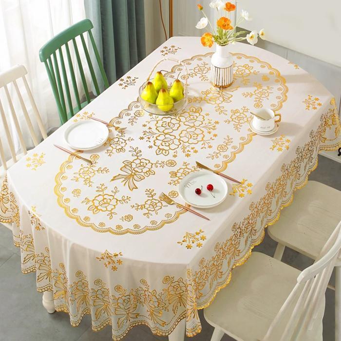 (D46-C) Taplak Meja Makan Ukuran 152cm x 228cm 8-10 Kursi Motif Bunga Gold Bahan PVC Tebal Premium A