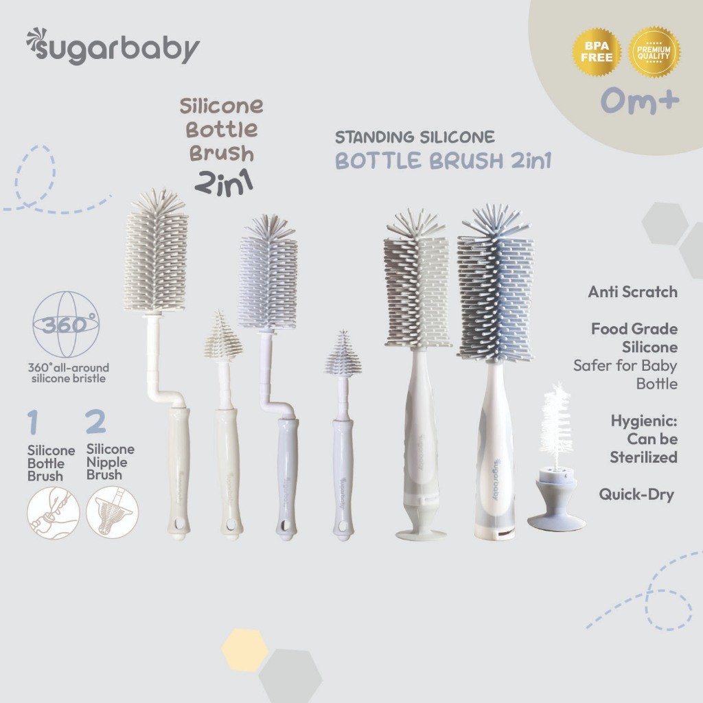 SUGAR BABY Silicone Bottle Brush 2in1 Standing | Silicone Bottle Brush 2in1+ Nipple Brush BPA FREE P