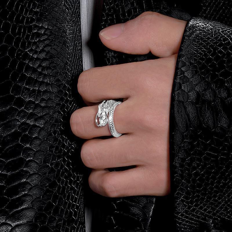 Cincin Naga Pria Perak Dapat Disesuaikan Motif Naga Klasik Gaya Rock Keren Untuk Harian Dan Pesta