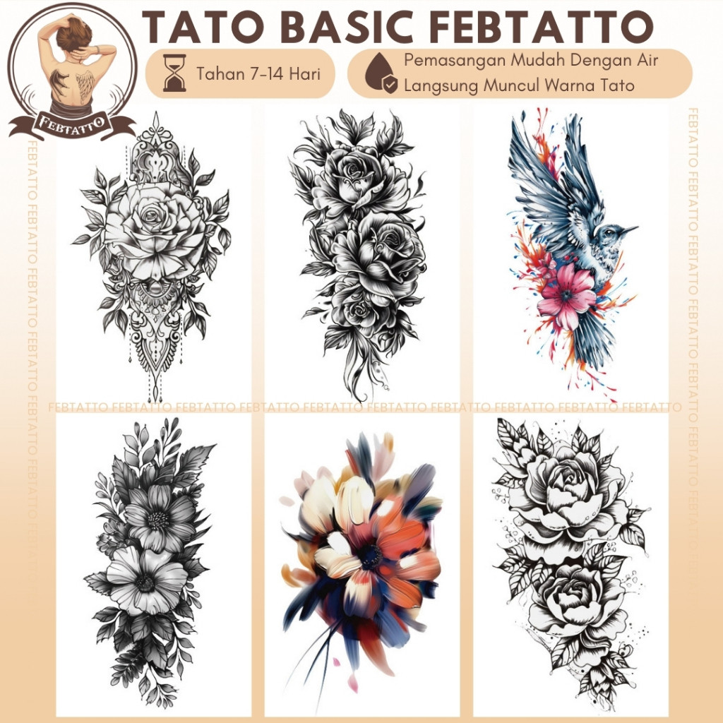 TERBARU Stiker Tato Temporer Tahan 1-2 Minggu 11x21cm Tatto Temporary Semi Permanent bunga berwarna 