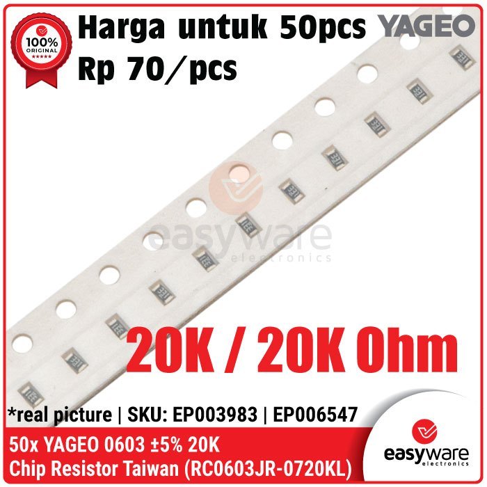 [50 PCS] Resistor SMD 0603 YAGEO 5% 20K Chip Resistor 20K Ohm Resistor SMD