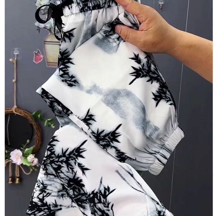 Ice silk bamboo print cool casual pants