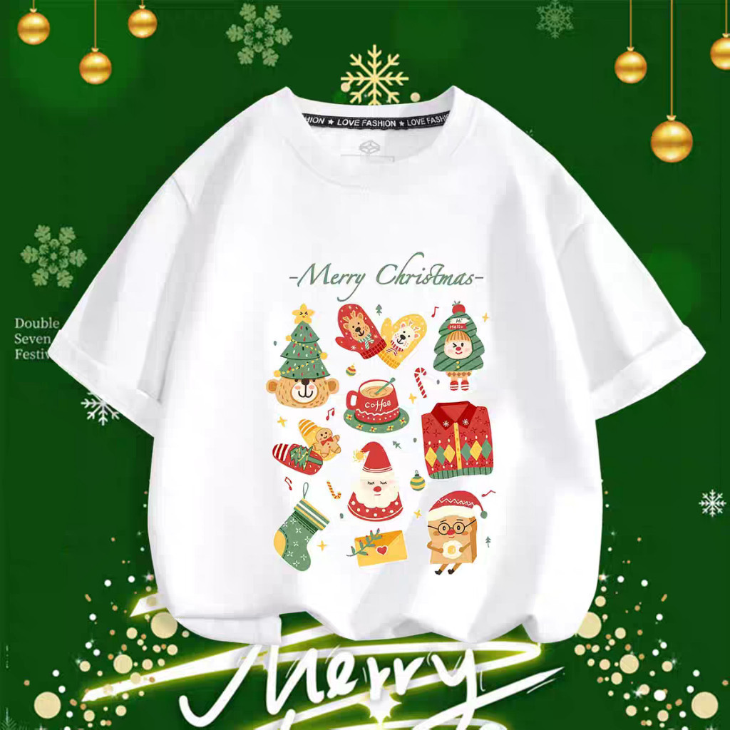 Kaos Couple T-shirt Putih Oversize Motif Natal 2025 - Desain Karakter Lucu Pohon Natal/Santa Claus M