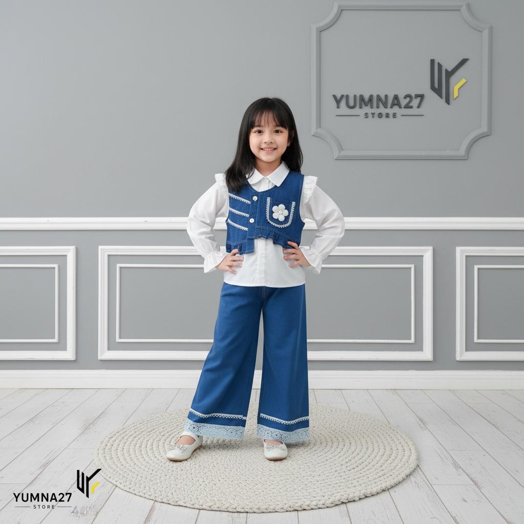 SET 3in1 Anak Perempuan Rompi Jeans Kulot Premium 3-12 Tahun