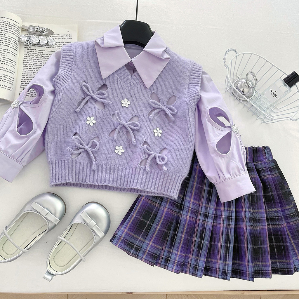 [Kota Dongeng]Set tiga potong rompi, kemeja, dan rok rajutan gaya Korea baru, elegan dan canggih.