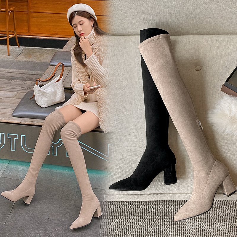 35-42Women's Long Boots Elastic Long Boots Pointed Toe High Heel Boots Over-the-Knee Boots Suede Hig