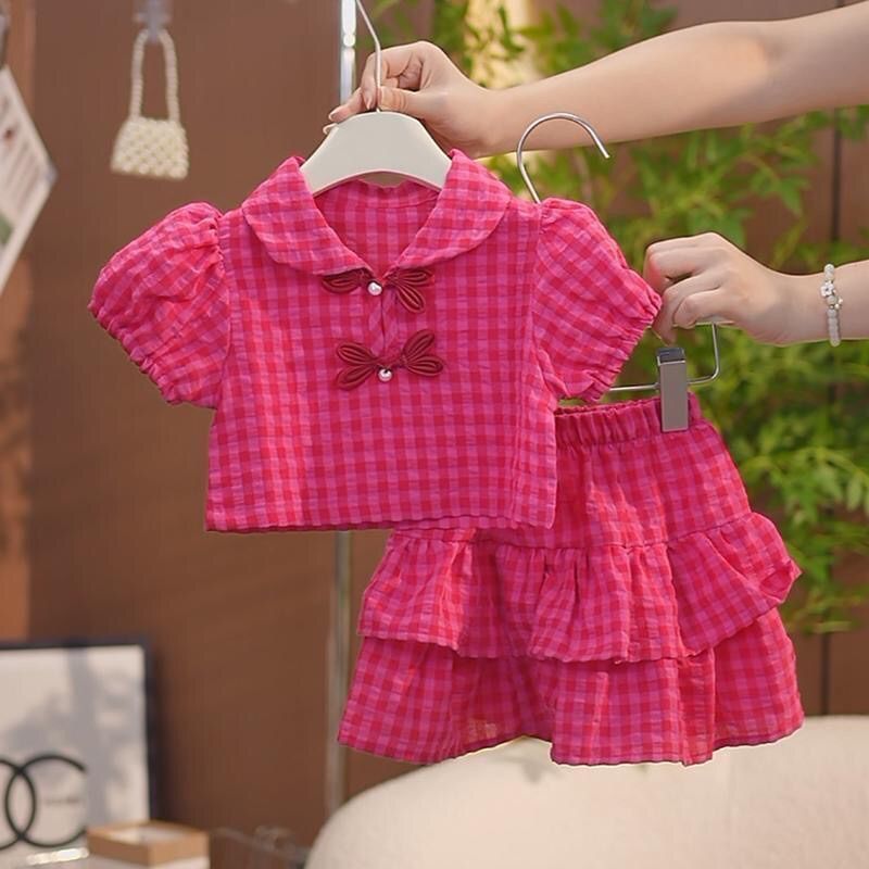 Girls' Casual Plaid Top+Short Skirt Set