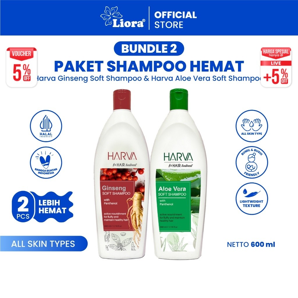[Paket Hemat 2 Pcs] Harva Shampoo Aloevera Dan Ginseng Soft&Smooth 600ml | Haircare Shampo