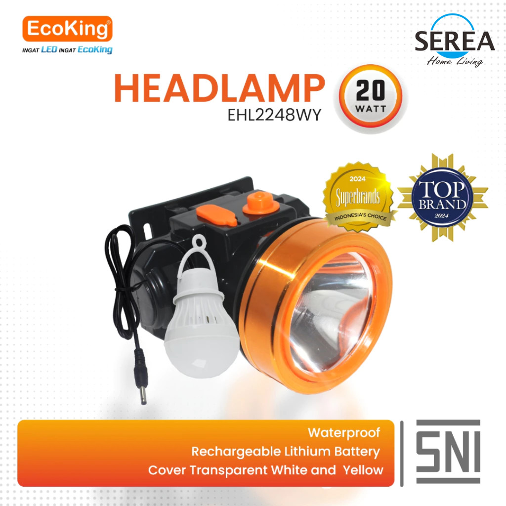 Senter Kepala EcoKing Headlamp 20W Cas Anti Air Transparan Ganda EHL2248WY
