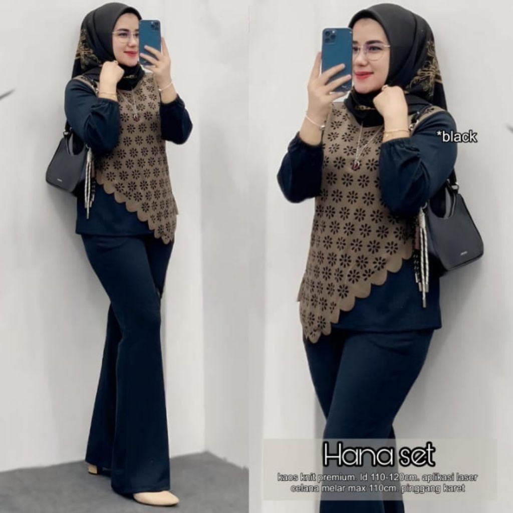 ada grup reseller tanyakan ke admin er elrumi Hana Set Kaos Knit Premium Aplikasi Laser Terbaru Sete