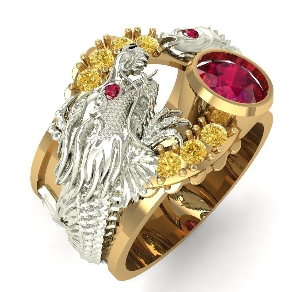 Men's Stylish Punk Style Dragon Two-tone Surrounding Dragon Red Zircon Ring