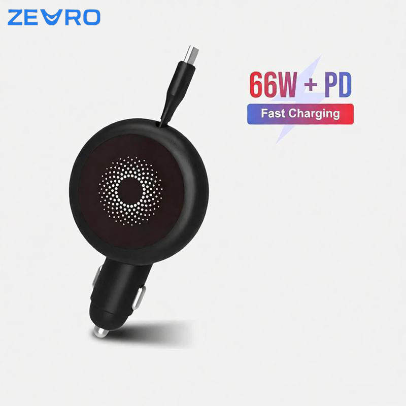 ZEVRO Charger Mobil Cas Cepat 66W 3 In 1 - Kabel Retractable Type C + USB A, Universal untuk HP Andr