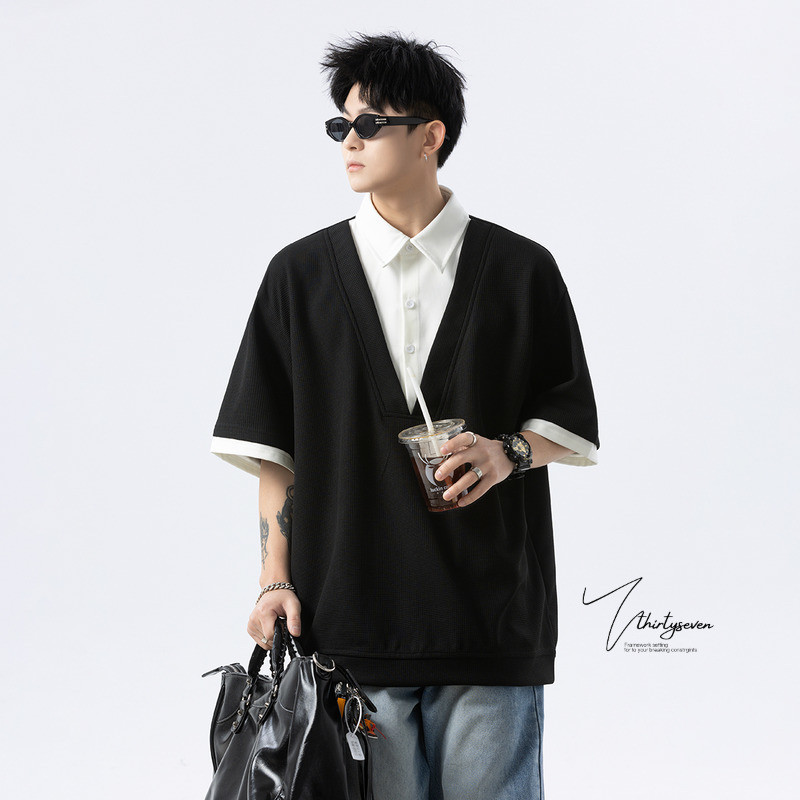 Gaya Baru Pria Kerah Turun Palsu Dua Potong Lengan Pendek T Baju Kaos