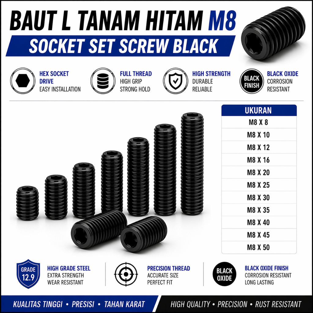 Baut L Tanam M8X35 / L Set 8X35 / Baut Tanam L M8 X 35 / L Set Hitam 8 X 35  - Socket Set Screw Blac
