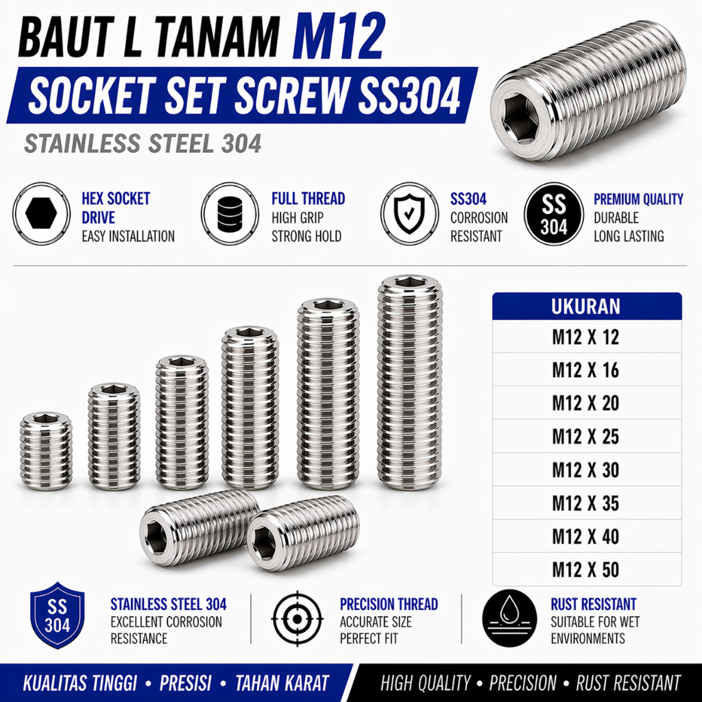 Baut L Tanam M12X12 / L Set 12X12 / Baut Tanam L M12 X 12 / L Set  12 X 12  - Socket Set Screw Stain