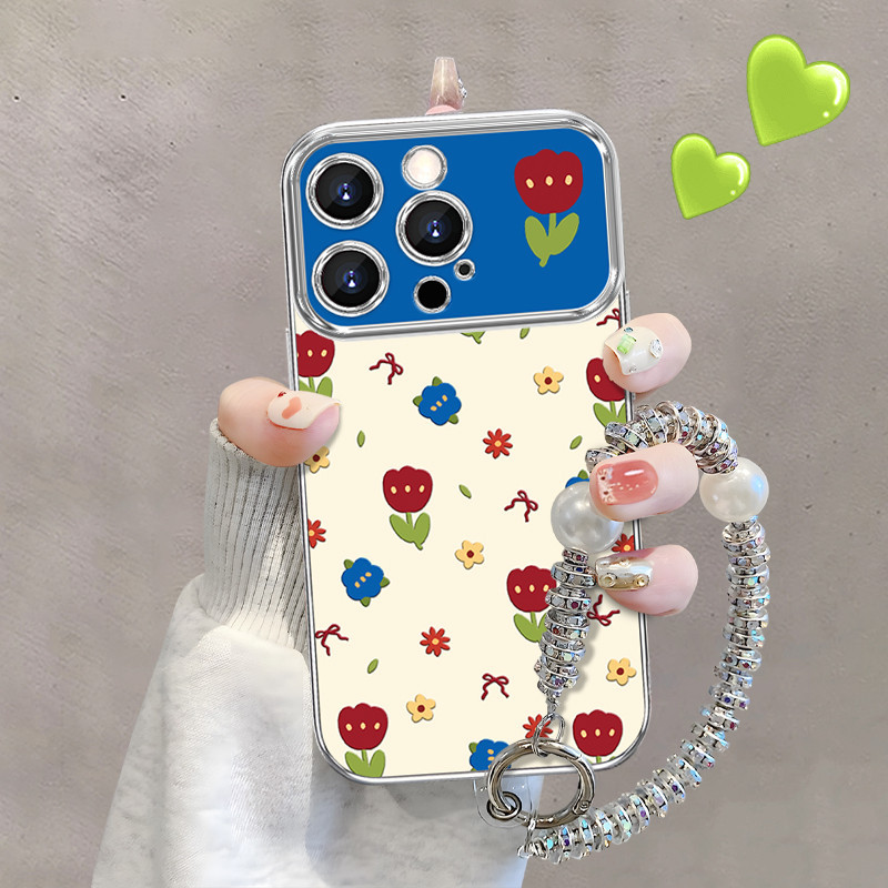 Casing ponsel anti jatuh bermotif bunga tulip berwarna merah dan biru kontras, Cocok untuk iPhone 15