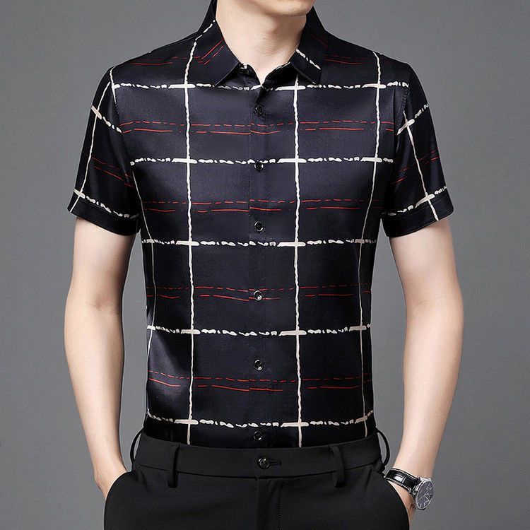 Silk luxury high-end genuine silk satin men's short-sleeve shirt