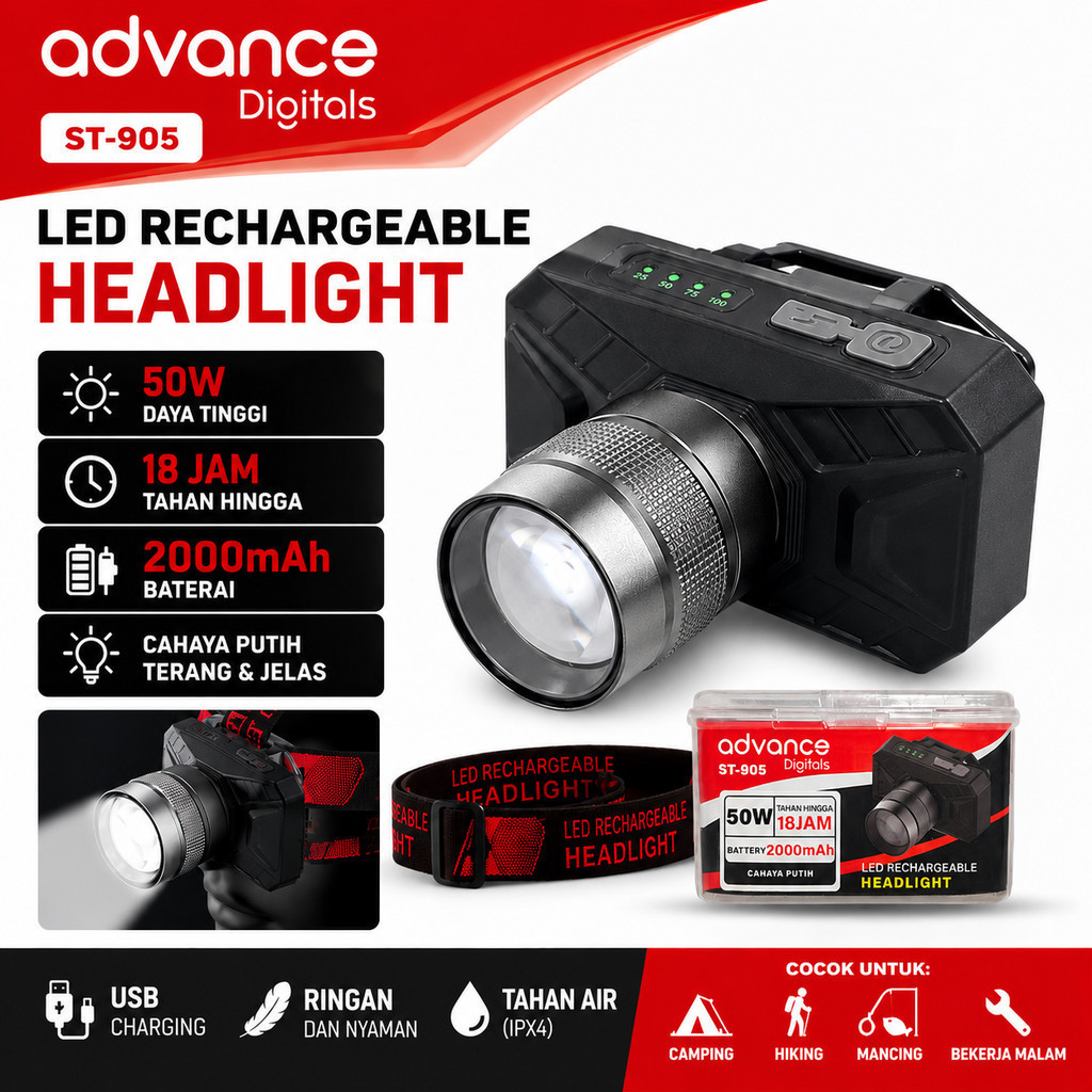Senter Kepala Advance ST-905 Baterai 2000mAh lampu LED terang daya 50W Tahan Lama 18 Jam Headlamp