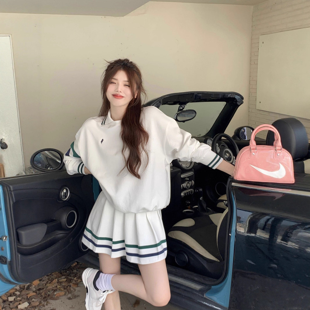 MYCASSI Kaus Berkerah Polo Sporty Bergaris Jaket Lengan Panjang Retro Amerika Atasan Pendek Longgar 