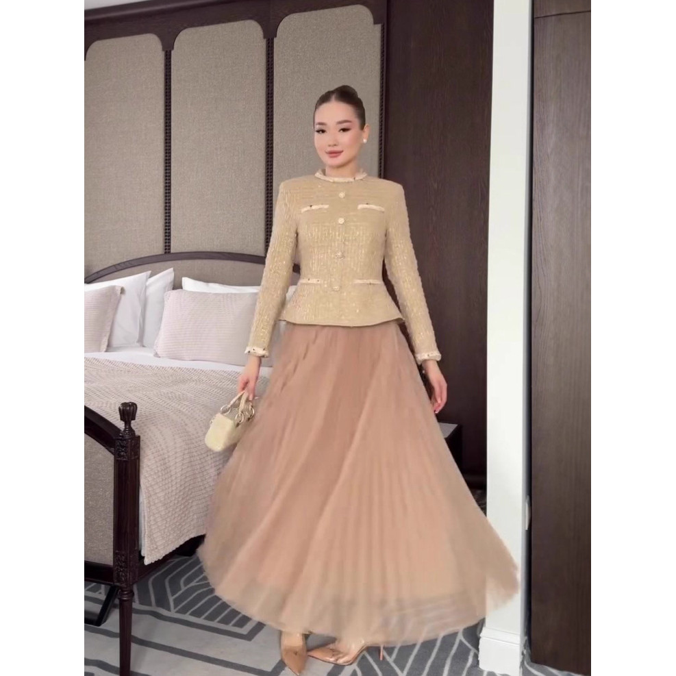 Autumn Retro Luxury Chanel Style Long Sleeve Long Dress Waist-Cinching Dress for Women