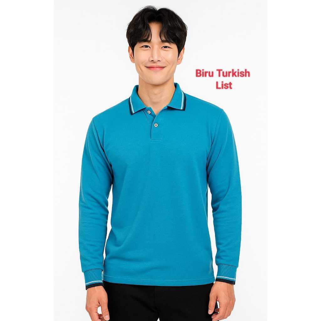 (  100% katun  )Kaos Kerah Panjang  FO LIST WARNA BIRU TURKIS  / Kaos Kerah FO Lengan Panjang - Kaos