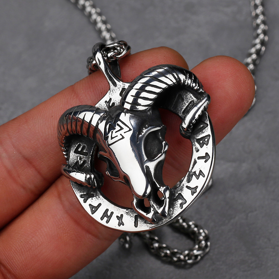 Men's Stainless Steel Vintage Viking Thor Three Sheep and Odin Triangle Rune Necklace Amulet Pendant