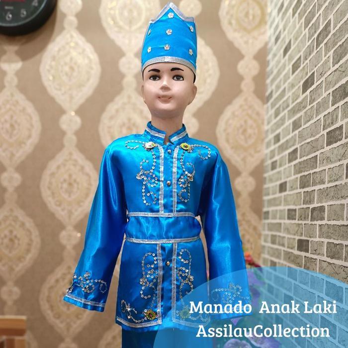 Baju Adat Sulawesi Utara/Manado Anak Satuan (Laki/Cewek) Aksesoris - 3, Manado biru laki